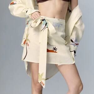 Soleil Zuri Skirt Abstract Print Flax Linen Straight Fit Mini Wrap Off White 2